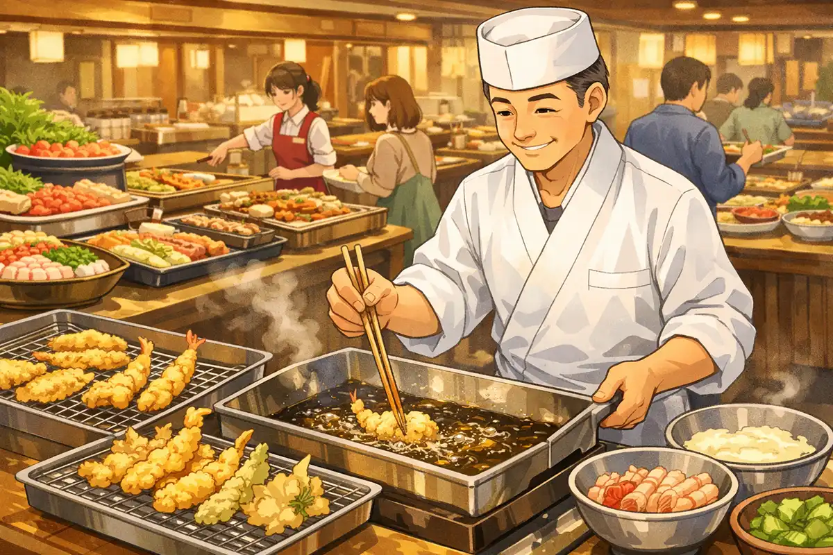 宇奈月温泉 大江戸温泉物語グランドホテルのライブキッチンと夕食バイキング