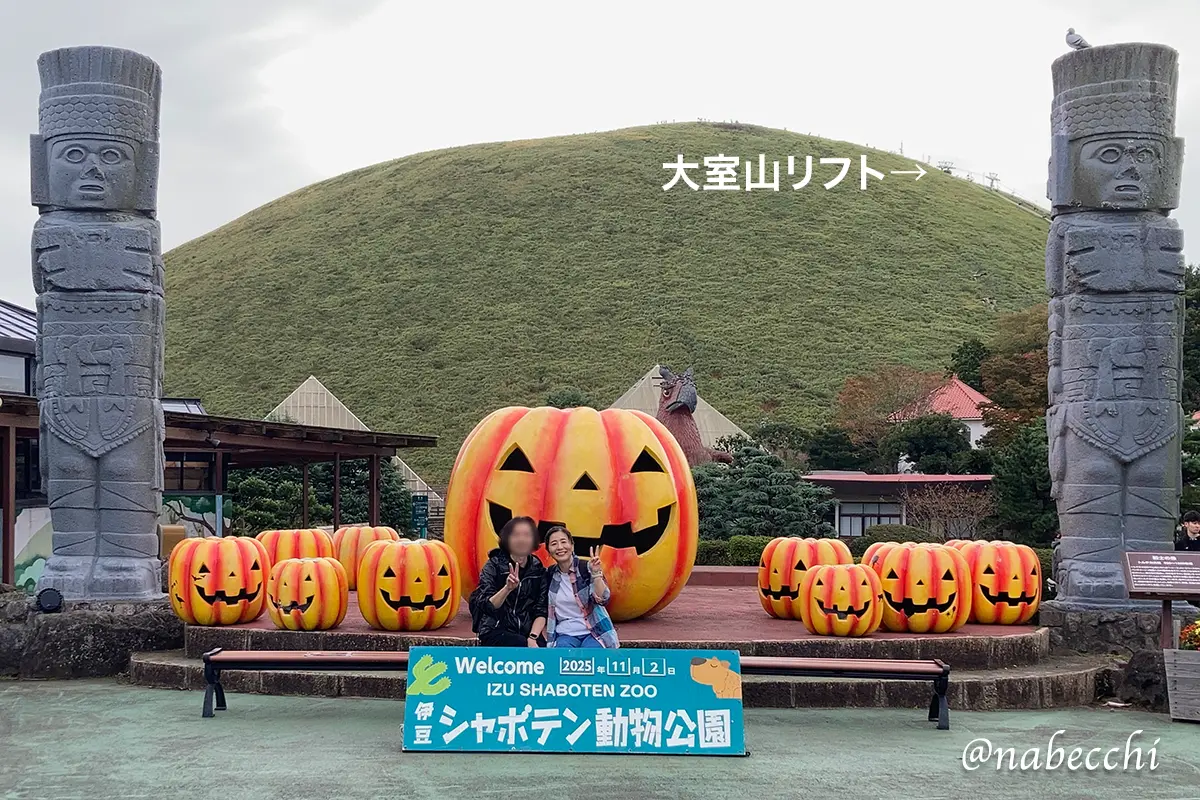 シャボテン動物公園の奥に見える大室山
