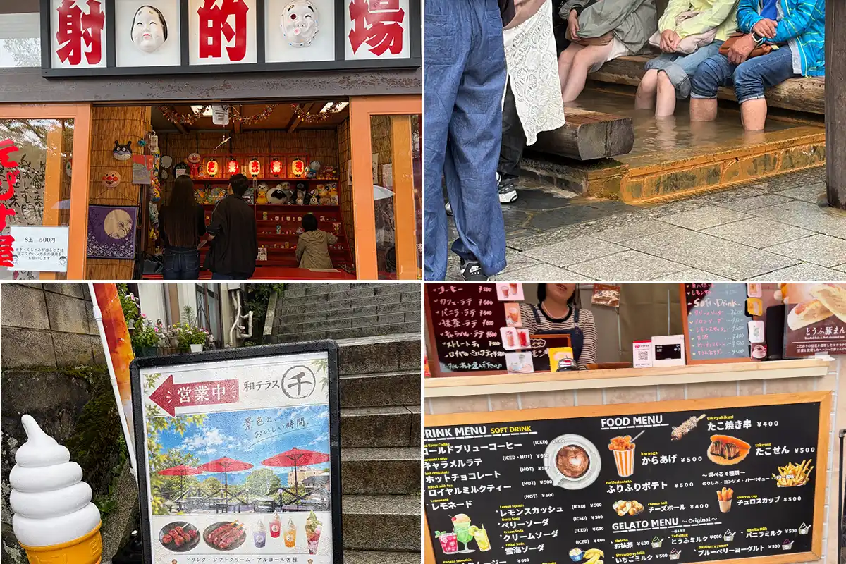 伊香保温泉石段街の射的場、足湯、飲食店などをまとめた写真