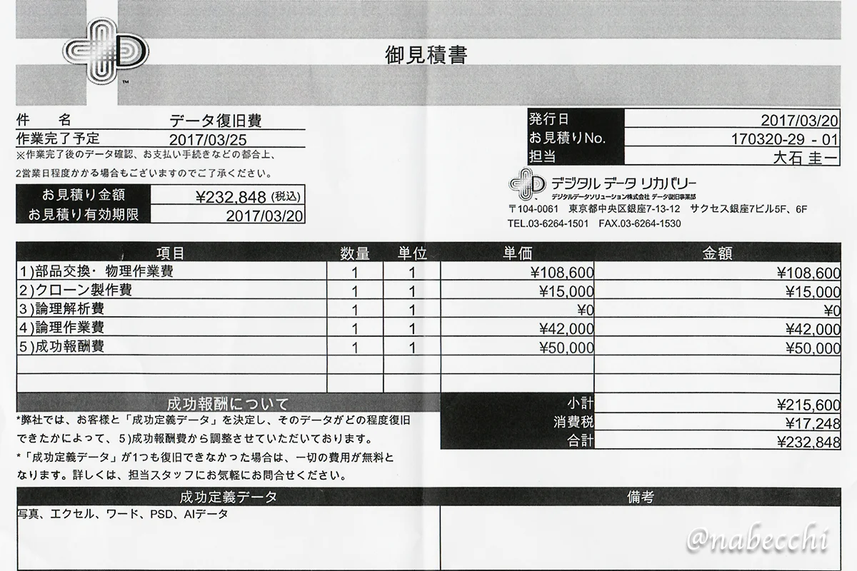 外付けHDD データ復旧見積書