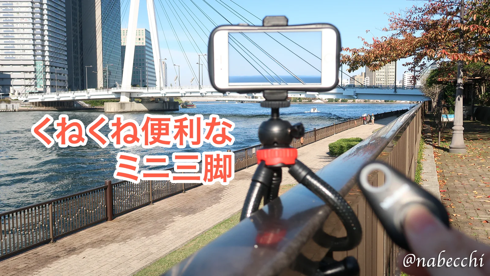 手すりに固定したミニ三脚でスマホ撮影