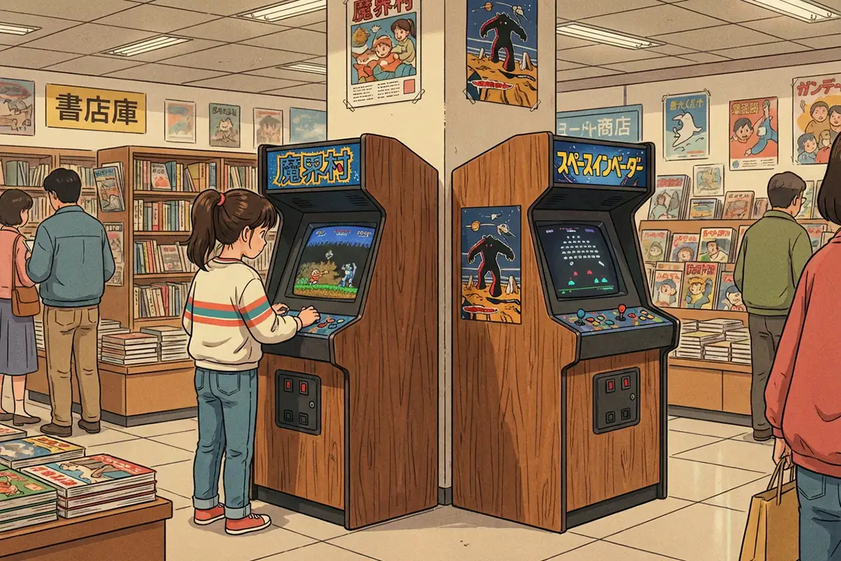 1980年代の書店横にあるゲームコーナーで、アーケードゲーム「魔界村」に熱中する小学生の女の子のイラスト