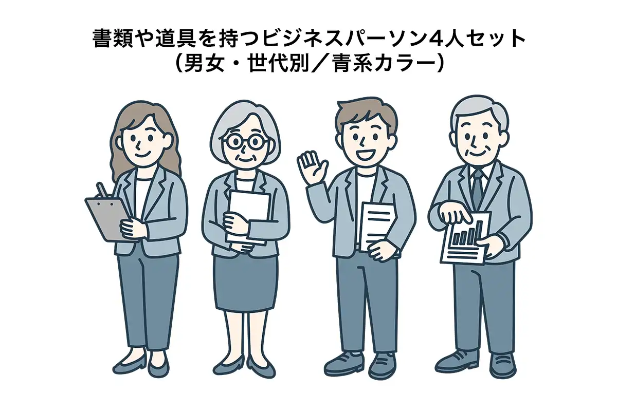 イラスト素材: 書類や道具を持つビジネスパーソン4人セット（男女・世代別／青系カラー）