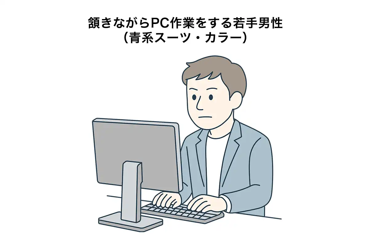 イラスト素材: 頷きながらPC作業をする若手男性（青系スーツ・カラー）
