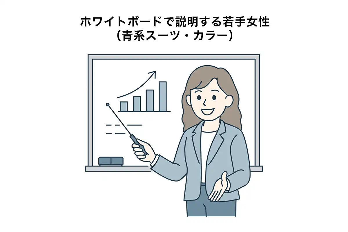 イラスト素材: ホワイトボードで説明する若手女性（青系スーツ・カラー）