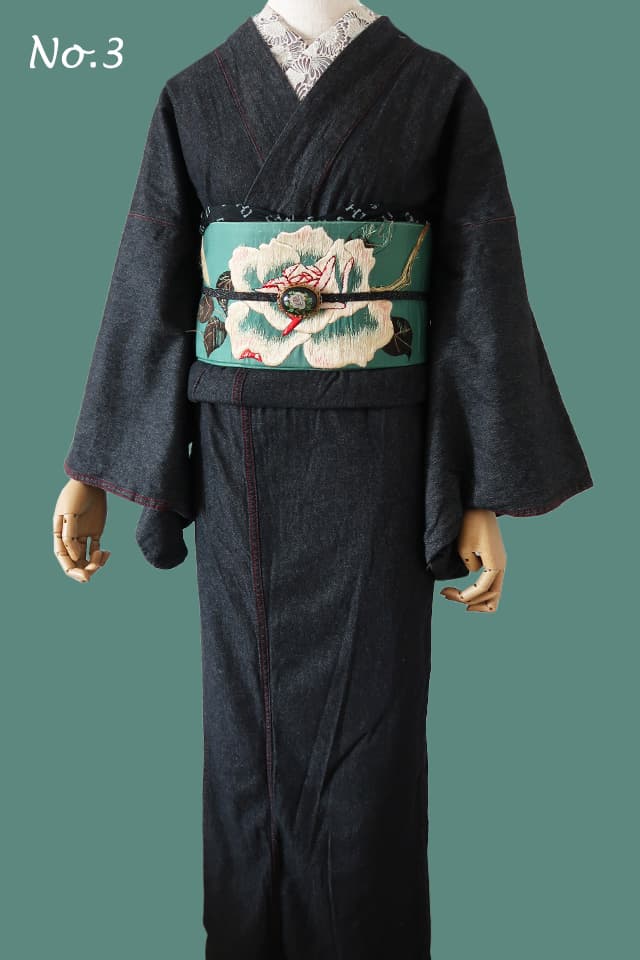 NO.3 緑のバラ刺繍帯×ブラックデニム着物コーデ