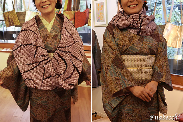 個々展の絞りスヌードを着物に合わせて試着