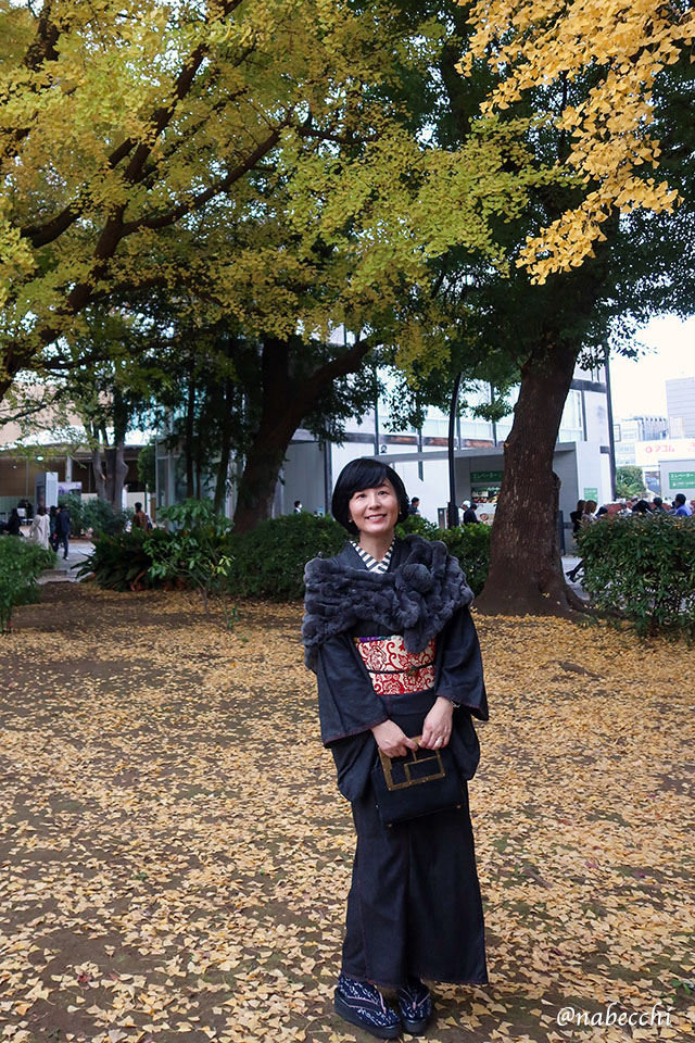上野恩賜公園の銀杏の紅葉を背景に撮影された、黒デニム着物コーデの全身写真