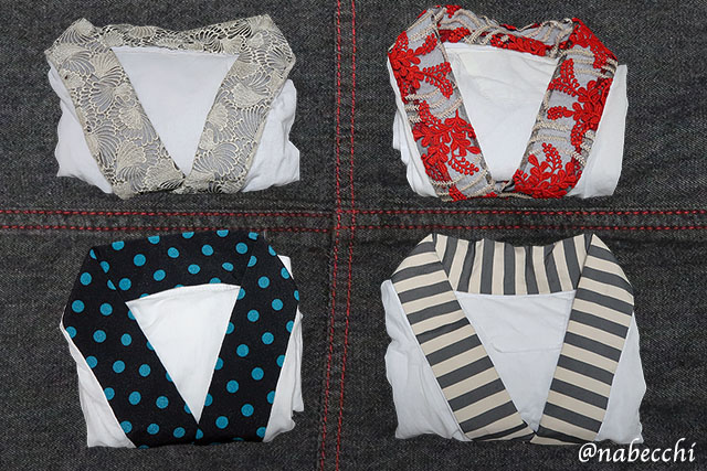 デニム着物合わせで試行錯誤した、4種類の半衿（赤リボン、水玉、レース、モノトーンボーダー）の比較写真