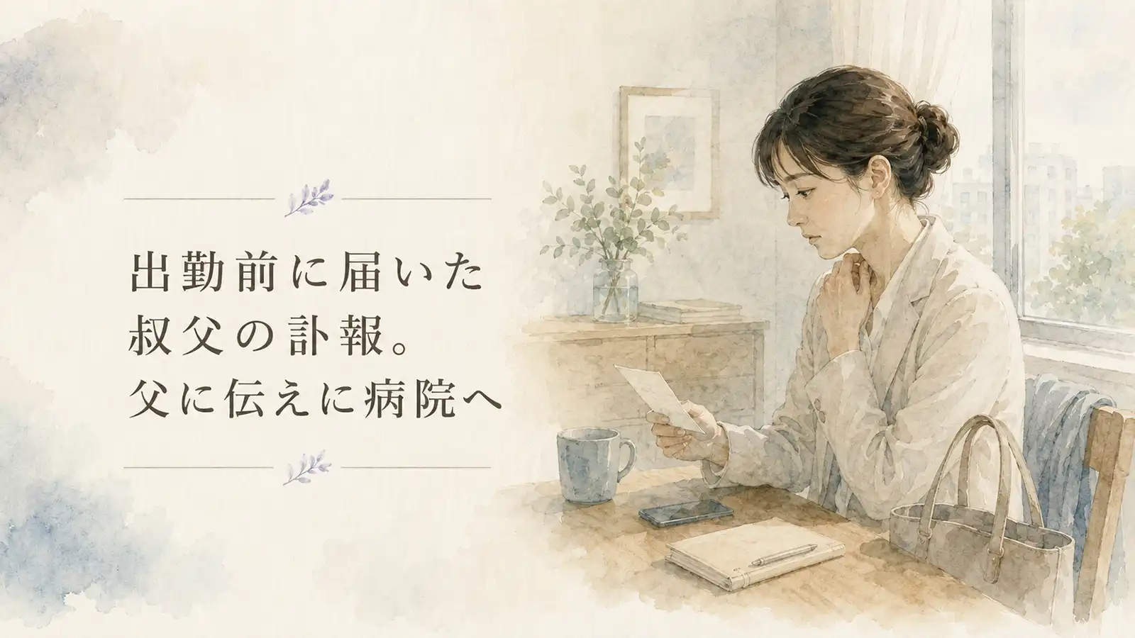 出勤前に叔父の訃報を受け、父に伝えるため病院へ向かう朝を描いた水彩風イラスト