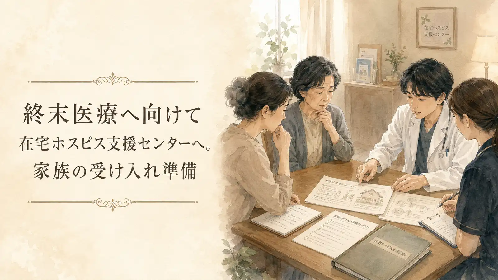 終末医療に向けて在宅ホスピス支援センターで説明を受ける母と娘の水彩風イラスト
