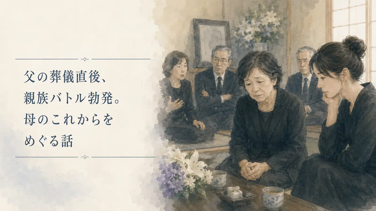 父の葬儀直後、母のこれからをめぐって親族が話し合う重い空気を描いた水彩風イラスト
