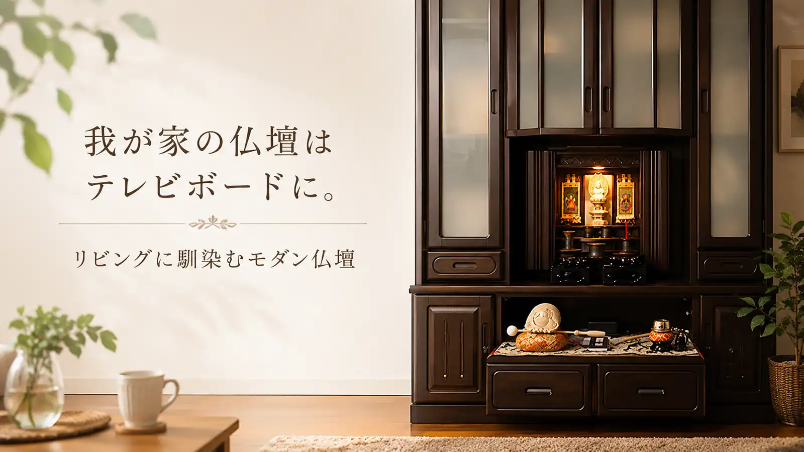 テレビボードを活用したモダン仏壇が、リビングに馴染むよう設置されたメインビジュアル