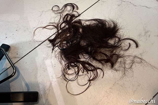 美容室の床に集められた、15cmほどバッサリとカットした髪の毛の山。長年のダメージ毛とおさらば。